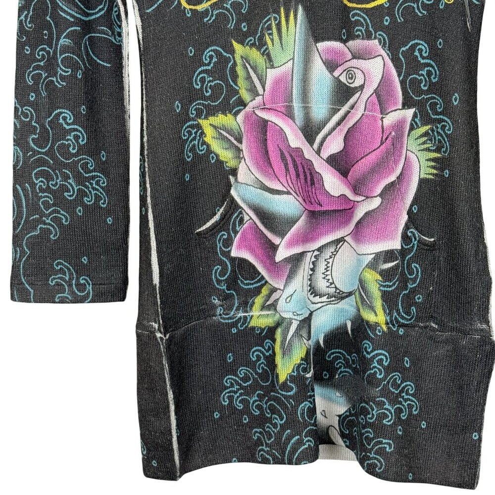 Ed Hardy Shark Rose Tattoo Graphic Tunic Hoodie Medium Vtg Y2K Long Sleeve USA - Picture 8 of 11